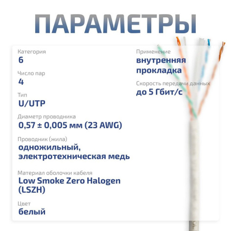 фото Кабель витая пара U/UTP 6 кат. 4 пары Cabeus UTP-4P-Cat.6-SOLID-LSZH-WH-100 в Санкт-Петербургe