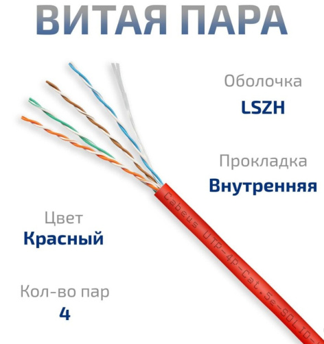 фото Кабель витая пара U/UTP 5e кат. 4 пары Cabeus UTP-4P-Cat.5e-SOLID-LSZH-RD-25 в Воронеже