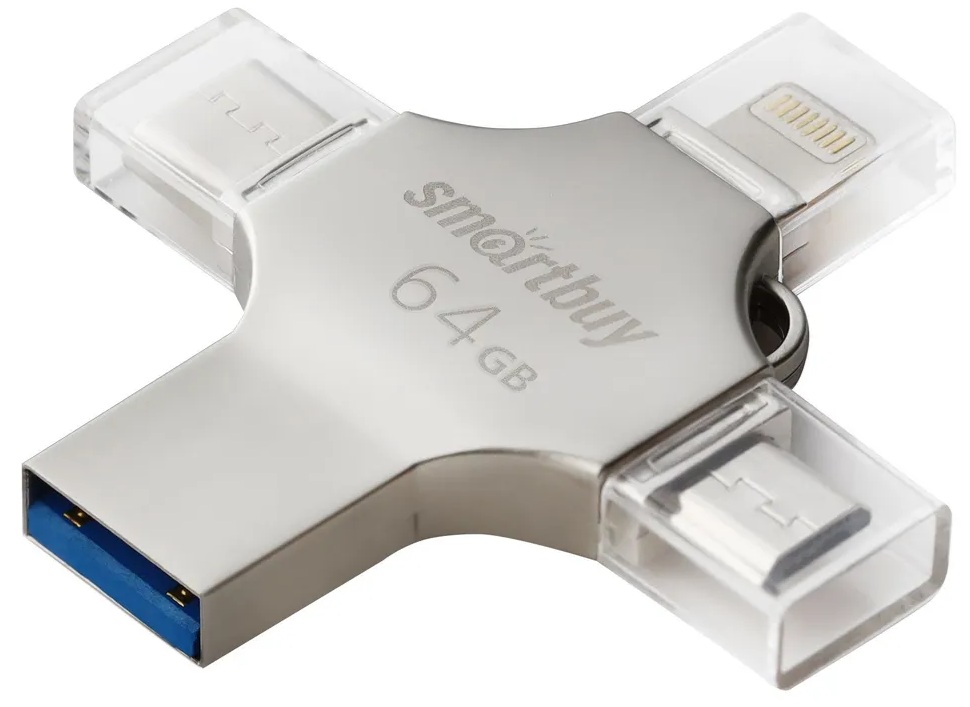 

Накопитель USB 3.0 64GB SmartBuy MC15A Metal Quad 4-in-1 (Lightning, USB Type-A, USB Type-C, micro USB) розовый металл, MC15A