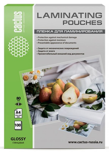 

Пленка Cactus CS-LPGA480100 для ламинирования 80мкм A4 (100шт) глянцевая 216x303мм, CS-LPGA480100