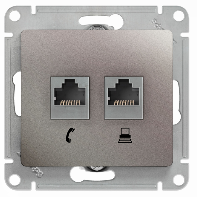 

Розетка Schneider Electric GSL001285 Glossa 2-ая RJ11+RJ45, кат.5E платина, GSL001285