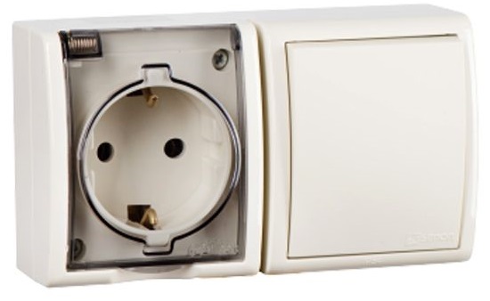 

Блок Simon 1594511-031 Aqua Бежевый, розетка 2P+E Schuko 16А 250В + выкл.10А 250В, IP54, 1594511-031