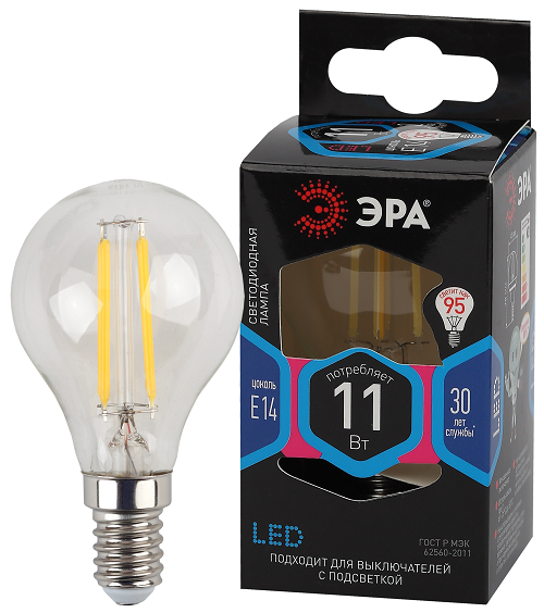 

Лампа светодиодная ЭРА Б0047014 F-LED P45-11w-840-E14 (филамент, шар, 11Вт, нейтр, E14), Б0047014