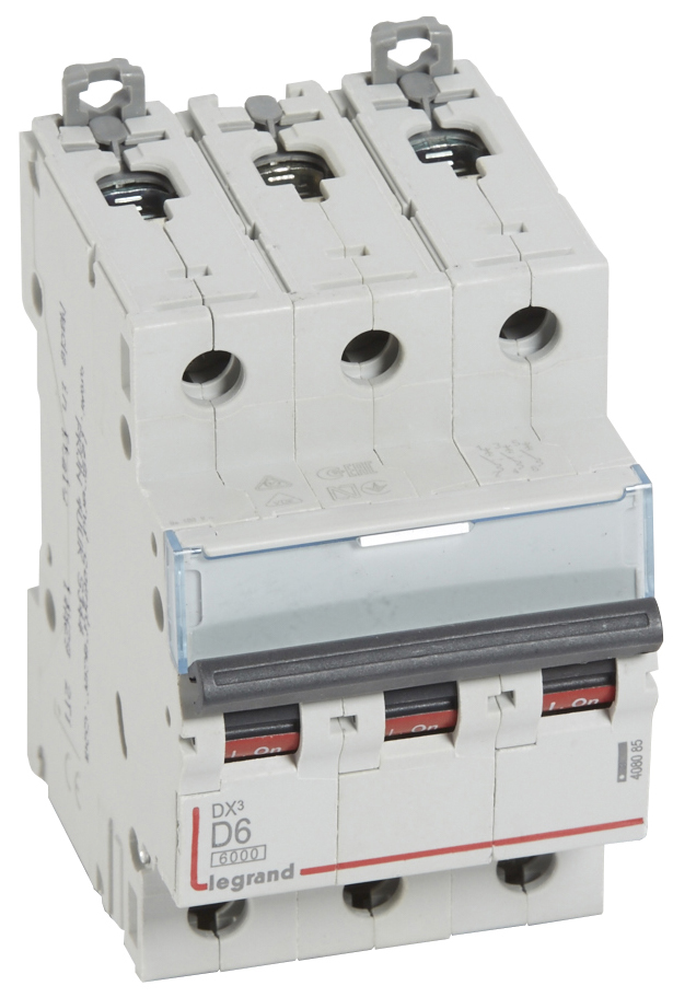 

Автоматический выключатель Legrand 408085 DX³ 6000 - 10 кА - тип характеристики D, 3П, 400 В~, 6 А, 3 модуля, 408085