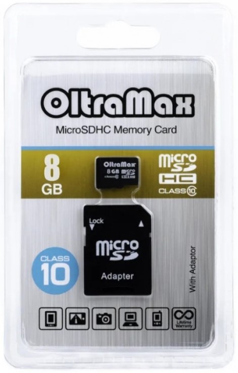 

Карта памяти MicroSDHC 8GB OltraMax OM008GCSDHC10-AD Class 10 + SD адаптер, OM008GCSDHC10-AD
