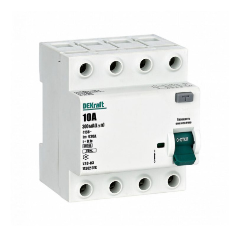 Изображение товара УЗО DEKraft 14302DEK защита от утечек тока 4 полюса 400 В 300 мА