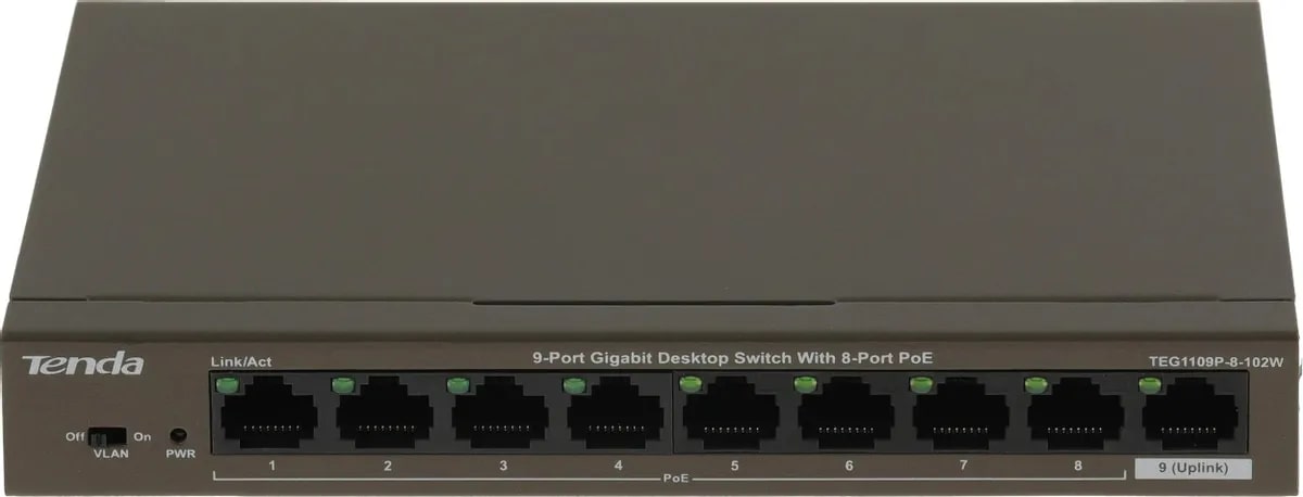 

Коммутатор неуправляемый IP-Com G1109P-8-102W PoE, 9 портов, 9x1 Гбит/с, PoE 8х92 Вт, настольный, G1109P-8-102W