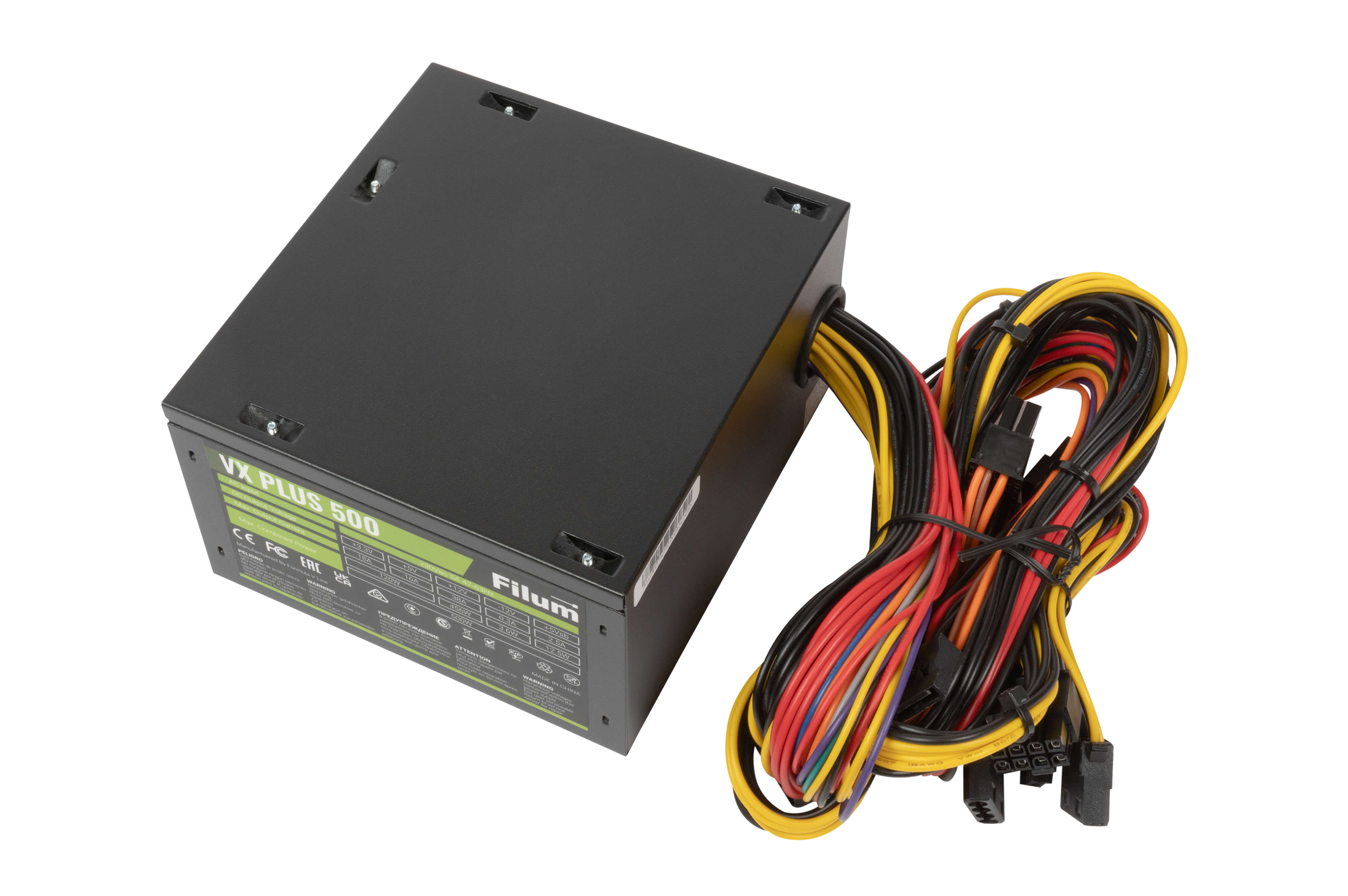 

Блок питания ATX Filum VX PLUS 500 500W (20/24+4+3 SATA+3 PATA+6/8 pin, вентилятор d120мм), VX PLUS 500