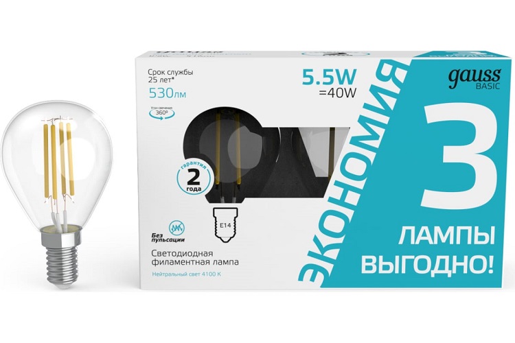 

Лампа светодиодная Gauss 1051126T Basic 5.5Вт цок.:E14 шар 220B 4100K св.свеч.бел.нейт. (3шт), 1051126T