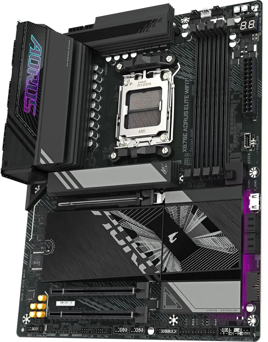 

Материнская плата ATX GIGABYTE X870E AORUS ELITE WIFI7 1.1 (AM5, AMD X870, 4*DDR5 (8000), 4*SATA 6G RAID, 4*PCIe, 2*USB4, 6*USB 3.2, 4*USB 2.0, HDMI), X870E AORUS ELITE WIFI7 1.1