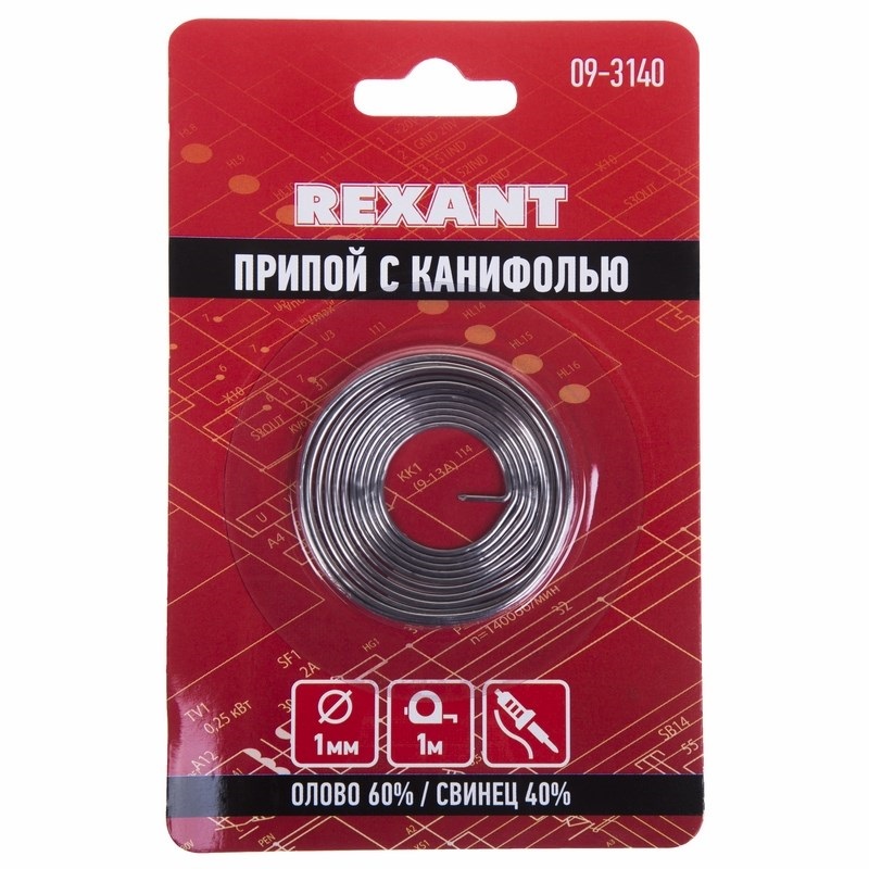 

Припой Rexant 09-3140 с канифолью, 1 м, Ø1.0 мм, (олово 60%, свинец 40%), спираль, блистер, 09-3140