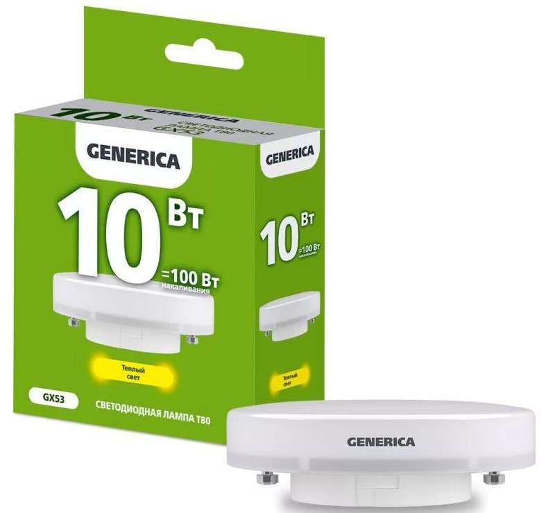 

Лампа светодиодная GENERICA LL-T80-10-230-30-GX53-G T80 10Вт таблетка 3000К GX53 230В, LL-T80-10-230-30-GX53-G