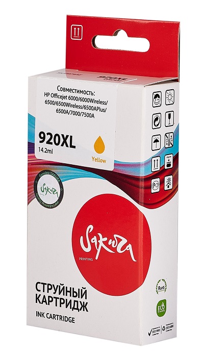 

Картридж струйный Sakura CD974AE (№920XL Yellow) для HP Officejet 6000/6000Wireless/6500/6500Wireless/6500APlus/6500A/7000/7500A, водорастворимый тип, CD974AE (№920XL Yellow)