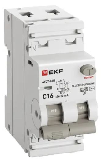 

Автомат дифференциальный EKF D63N26M16C30 АВДТ-63N 1P+N 16А (C) 30мА (AC) эл-мех 6кА PROXIMA, D63N26M16C30