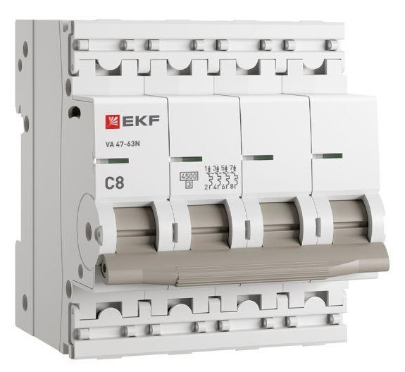 

Автоматический выключатель EKF M634408C 4P 8А (C) 4,5kA ВА 47-63N PROxima, M634408C