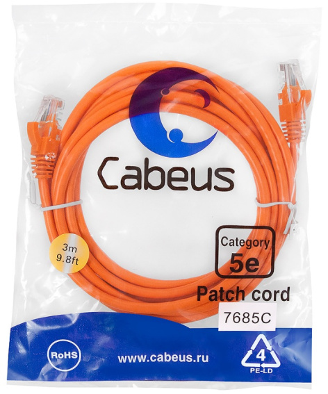 фото Кабель патч-корд U/UTP 5e кат. 3м Cabeus PC-UTP-RJ45-Cat.5e-3m-OR-LSZH в Краснодаре
