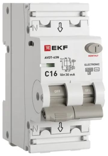 

Автомат дифференциальный EKF D63N26E16C30 АВДТ-63N 1P+N 16А (C) 30мА (AC) эл 6кА PROXIMA, D63N26E16C30