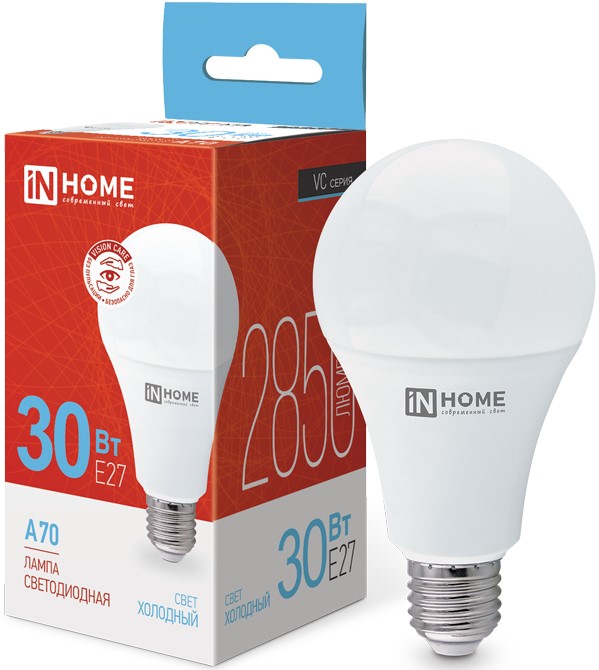 

Лампа светодиодная IN HOME 4690612024165 LED-A70-VC 30Вт грушевидная 6500К холодный, белый E27 2850лм, 4690612024165