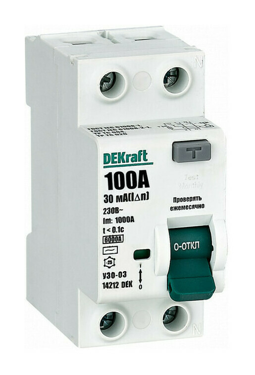 

УЗО DEKraft 14212DEK ВДТ 2P 100A 30мА тип AC 6кА, 14212DEK