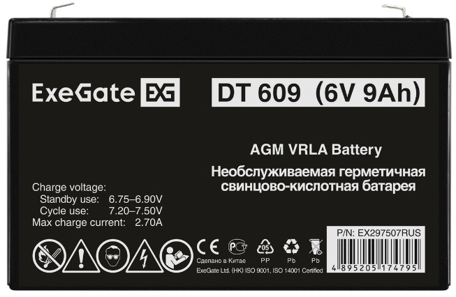 

Батарея аккумуляторная Exegate DT 609 EX297507RUS (6V 9Ah, клеммы F2), DT 609