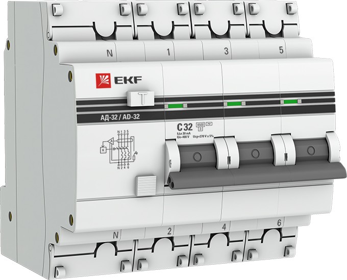 

Автомат дифференциальный EKF DA32-32-30-4P-pro 3п+N C 32А 30мА тип AC 4.5kA АД-32 PROxima, DA32-32-30-4P-pro