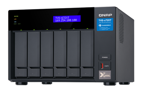 

Сетевой накопитель QNAP TVS-672XT-i3-8G 6 отсеков 3,5"/2,5", 2хM.2, 10 GbE BASE-T, 2хThunderbolt 3. i3-8100T 3,1 ГГц, 8 ГБ DDR4, TVS-672XT-i3-8G