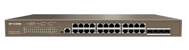 

Коммутатор управляемый IP-Com G5328P-24-410W L3, 24*10/100/1000 Base-T Ethernet порта (данные/питание), 4*1000 Base-X SFP порт; 1*Console порт, G5328P-24-410W