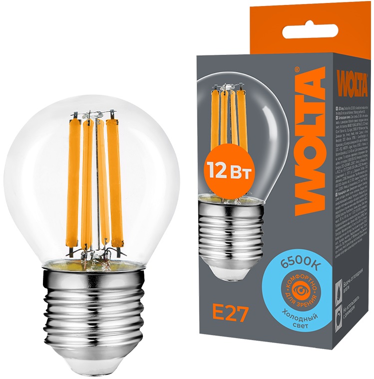 

Лампа светодиодная WOLTA WF-G45-12W6KE27 FILAMENT 12Вт 6500K E27, WF-G45-12W6KE27