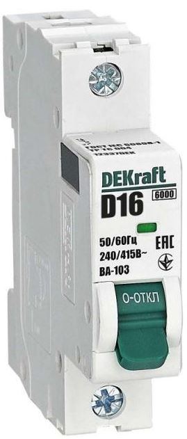 

Автоматический выключатель DEKraft 12337DEK 1Р 16А х-ка D ВА-103 6кА, 12337DEK