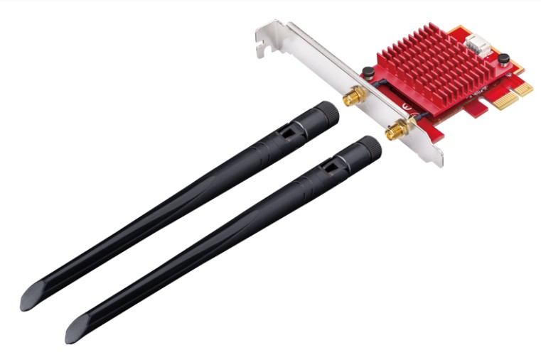 

Адаптер Cudy WE3000S 5400Mbps Wi-Fi 6E / Bluetooth 5.2 PCI Express with Heatsink, Intel AX210 module,2T2R, 2402Mbps at 5GHz/6Ghz + 574Mbps at 2.4GHz,, WE3000S