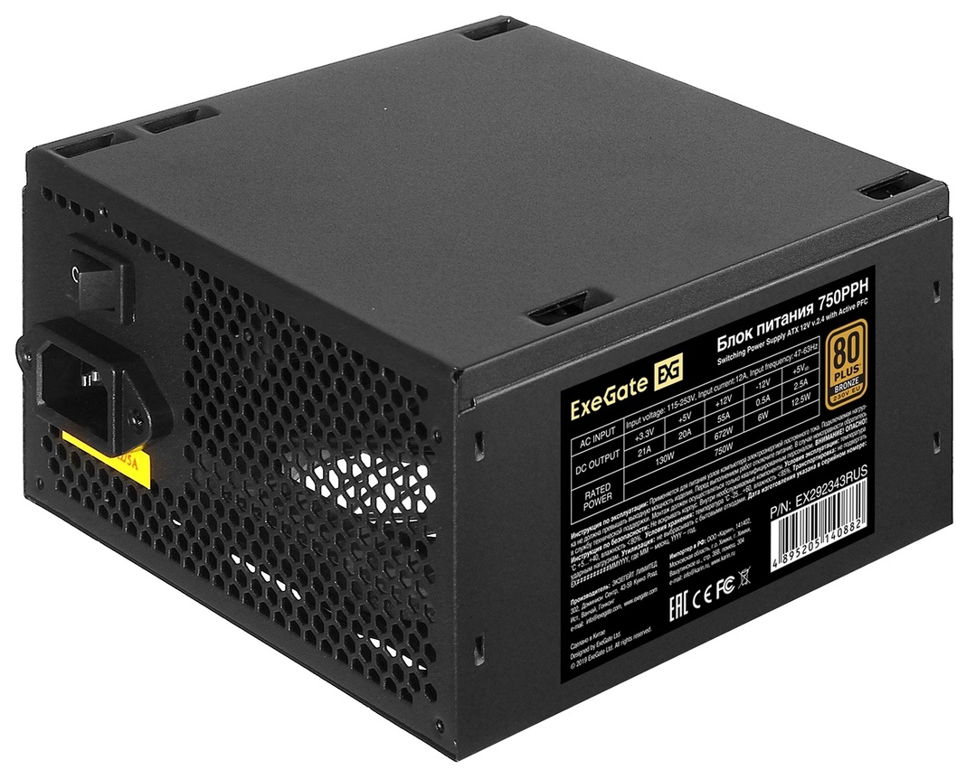 

Блок питания Exegate 80 PLUS Bronze 750PPH-OEM EX292343RUS-OEM 750W (ATX, APFC, КПД 89% (80 PLUS Bronze), 12cm fan, 24pin, 2x(4+4)pin, 4xPCI-E, 6xSATA, 80 PLUS Bronze 750PPH-OEM