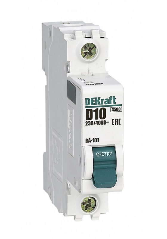 

Автоматический выключатель DEKraft 11101DEK 1Р 10А х-ка D ВА-101 4,5кА, 11101DEK