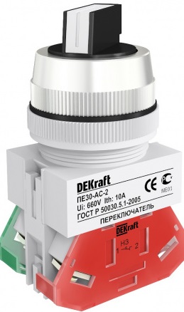 

Переключатель DEKraft 25061DEK ПЕ-30 на 2 фикс. положения I-O стандартная ручка 1НО+1НЗ AC-2 D=30мм 220В черный, 25061DEK