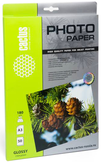 

Фотобумага Cactus CS-GA318050 A3/180г/м2/50л./белая, глянцевая для струйной печати, CS-GA318050