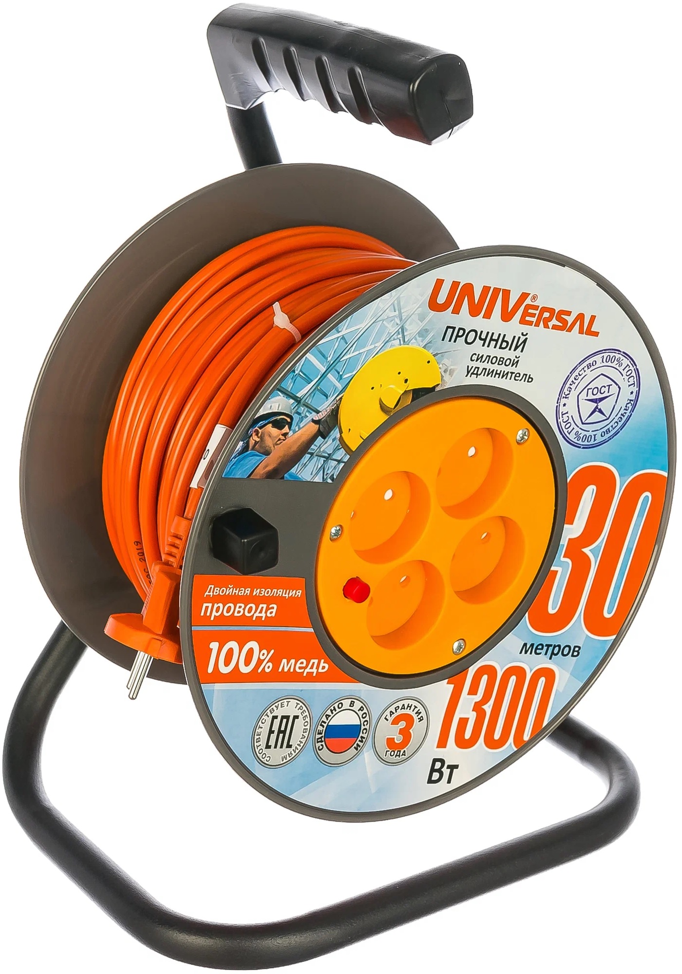 

Удлинитель силовой UNIVersal 9634148 на катушке 4х30м без заземл. 6А IP44 ВЕМ-250 термо ПВС 2х0.75, 9634148