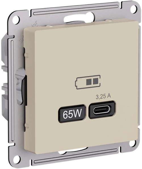 

Розетка USB Systeme Electric ATN001227 AtlasDesign тип-С 65Вт высокоскор.заряд. QC, PD, механизм, Песочный, ATN001227