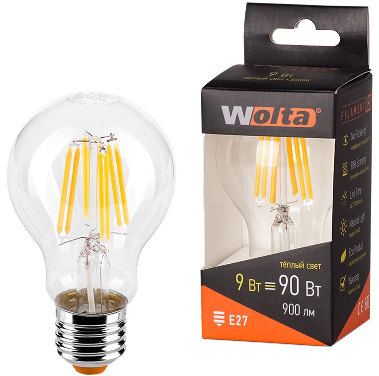 

Лампа светодиодная WOLTA 25Y60BLFT9E27 FILAMENT 9Вт 3000K Е27, 25Y60BLFT9E27
