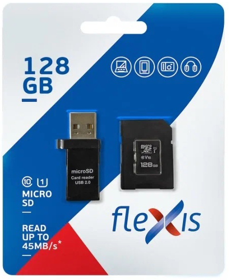 

Карта памяти 128GB Flexis FX128GMSDXCU1 Class10 U1, c адаптером, USB картридером, чёрная, FX128GMSDXCU1