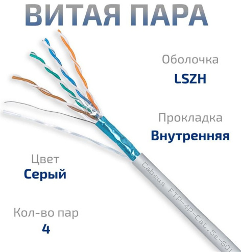 фото Кабель витая пара F/UTP 5e кат. 4 пары Cabeus FTP-4P-Cat.5e-SOLID-LSZH-GY-20 в Краснодаре