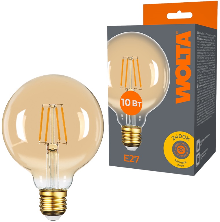 

Лампа светодиодная WOLTA WF-G95-10W2.4KE27 FILAMENT 10Вт 2400K E27, WF-G95-10W2.4KE27