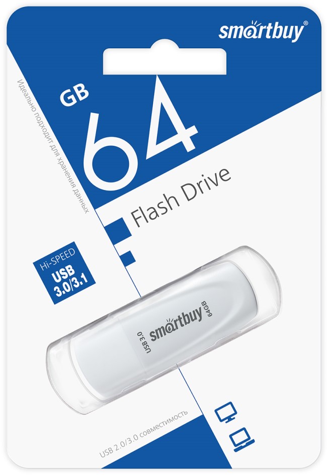 

Накопитель USB 3.1 64GB SmartBuy SB064GB3SCW Scout белый, SB064GB3SCW