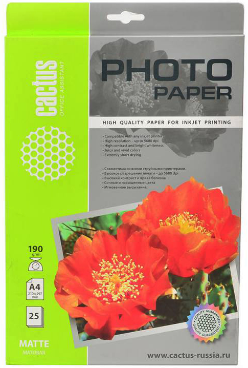 

Фотобумага Cactus CS-MA419025 A4/190г/м2/25л./белая, матовая для струйной печати, CS-MA419025