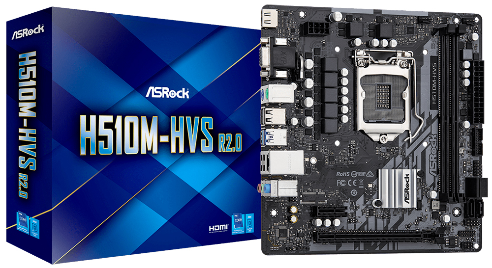 

Материнская плата mATX ASRock H510M-HVS R2.0 (LGA1200, H510, 2*DDR4(3200), 4*SATA3 6GB/s, PCIe, AC`97, 7.1ch, Glan, VGA, HDMI, 2*USB 3.2), H510M-HVS R2.0