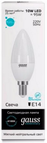 

Лампа светодиодная Gauss 33120 LED Elementary Candle 10W E14 4100K 1/10/100, 33120