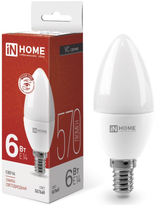

Лампа светодиодная IN HOME 4690612020396 LED-СВЕЧА-VC 6Вт свеча 4000К нейтральный, белый E14 570лм, 4690612020396
