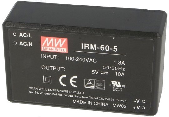 

Преобразователь AC-DC сетевой Mean Well IRM-60-5 50Вт, вход 85...264В AC 47...440 Гц, выход 5В/10А, изоляция 3000В AC, в корпусе на плату 87x52x29.5мм, IRM-60-5