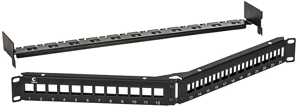 

Патч-панель Cabeus PLB-24-CON угловая модульная 19", 24 порта, 1U , для неэкранированных модулей, с задним кабельным организатором (без модулей), PLB-24-CON