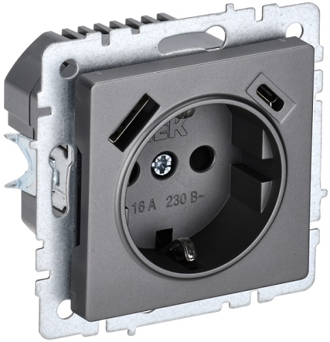 

Розетка с заземлением IEK BR-R14-16-U22-018-K46 BRITE с защитными шторками 16А с USB A+C 18Вт РЮш11-1-БрС Сталь, BR-R14-16-U22-018-K46