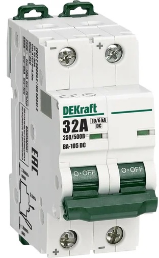 

Автоматический выключатель DEKraft 13366DEK ВА-105 2P B кривая 10A 500В DC, 13366DEK
