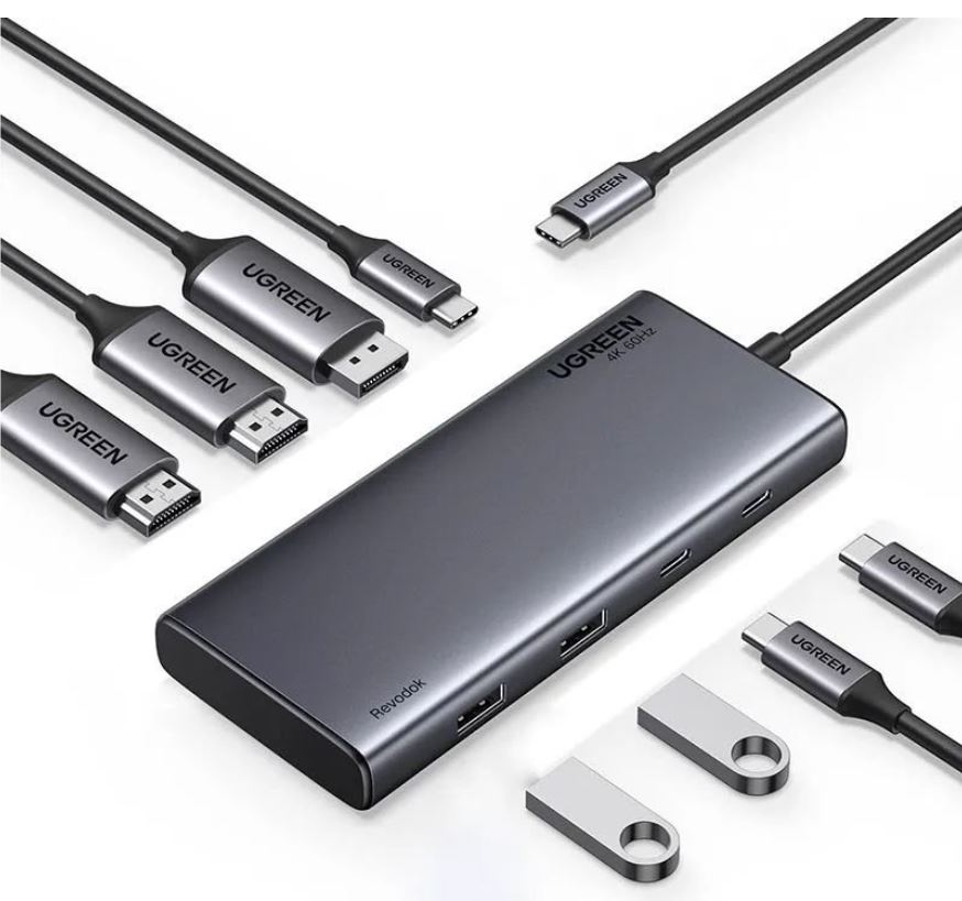 

Конвертер UGREEN CM639 35625_ 8-in-1 4K/60Hz USB-C to 2*USB-A 3.2+2*USB-C 3.2+2*HDMI+DP+PD port. Цвет: серый, CM639